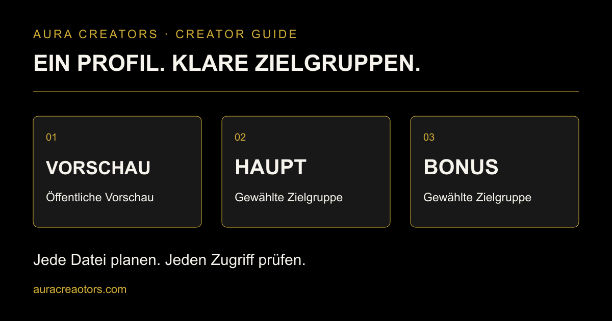 Ein Fansly-Profil: Vorschau, Hauptinhalt und Bonus mit einzeln geprüften Zielgruppen.