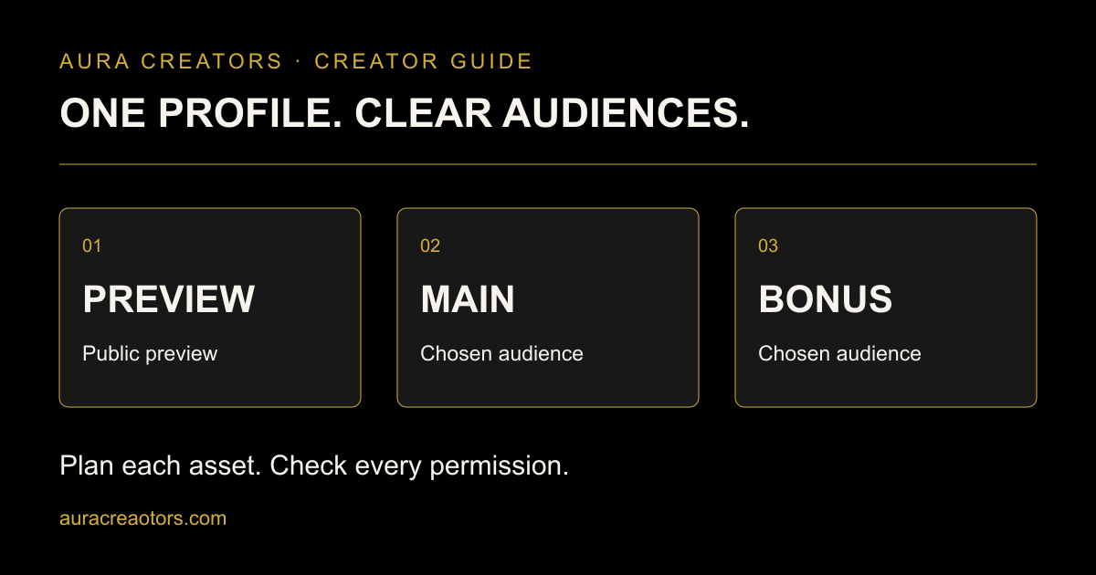 One Fansly profile: preview, main content and bonus with separately checked audiences.